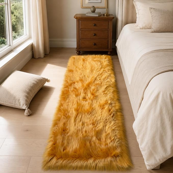 EasyJoy Faux Sheepskin Rug, Fluffy Faux Fur Rug, Ultra Soft Shag Area Rug with Non-Slip Backing for Bedroom, Living Room, Nursery, Kids Room(2x6 ft Rectangle, Golden Yellow)