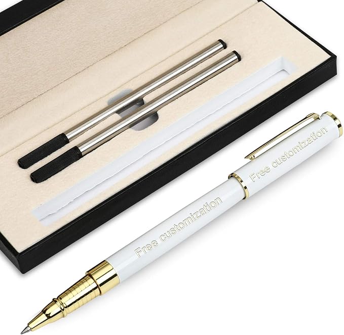 1314 Free Engraving pen Personalized custom pens Roller Ballpen, Ballpoint pen, Ball pen, Medium Refill Pen Black Ink, Custom Gifts for Men, Women, Classy Gift Box (White Style 1)