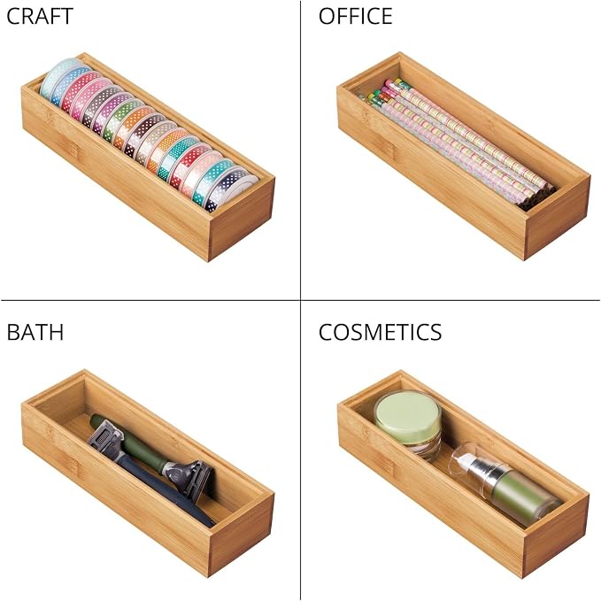 mDesign Wooden Bamboo Office Drawer Organizer Box Tray, Stackable Storage for Drawers, Cabinets, Shelves, Cubby, or Desktop, Hold Pens, Pencils, Supplies, Echo Collection, 6 Pack, Natural Wood Finish