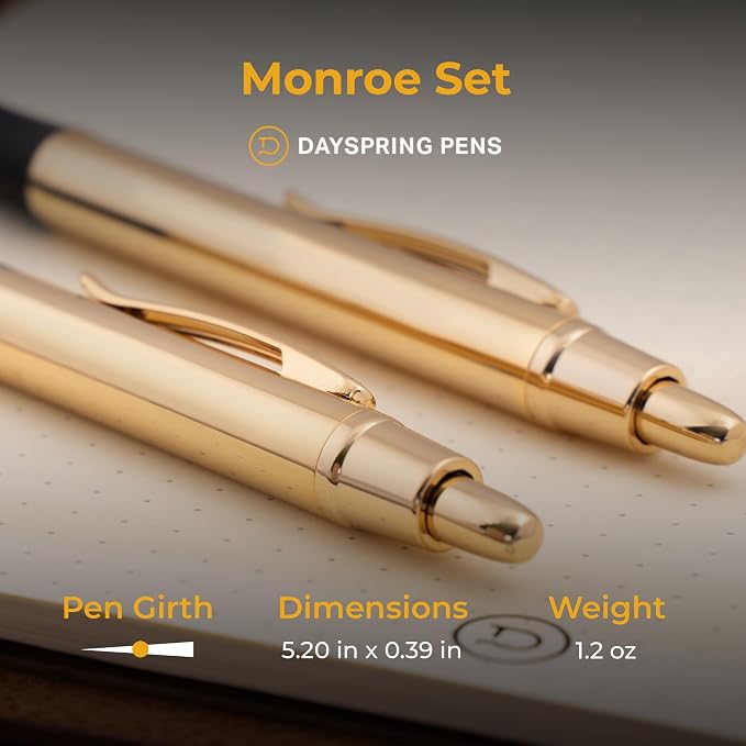 Dayspring Pens Monroe 18K Gold Ballpoint and Pencil Set, Non-Engraved, Parker G2 Compatible, Rubber Grip, Documental Black Ink, Gift for Graduation, Career Advancement, Birthdays