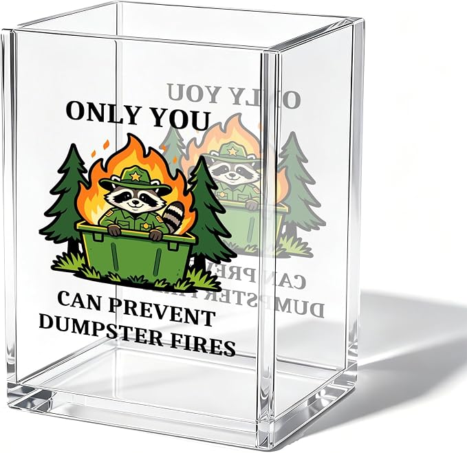 Funny Raccoon Office Acrylic Cosmetic Pen Pencil Holder Cup, Only You Can Prevent Dumpster Fires Cute Pencil Organizer, Unique Desk Accessories, Motivational Gifts for Women Men Coworker（A37）