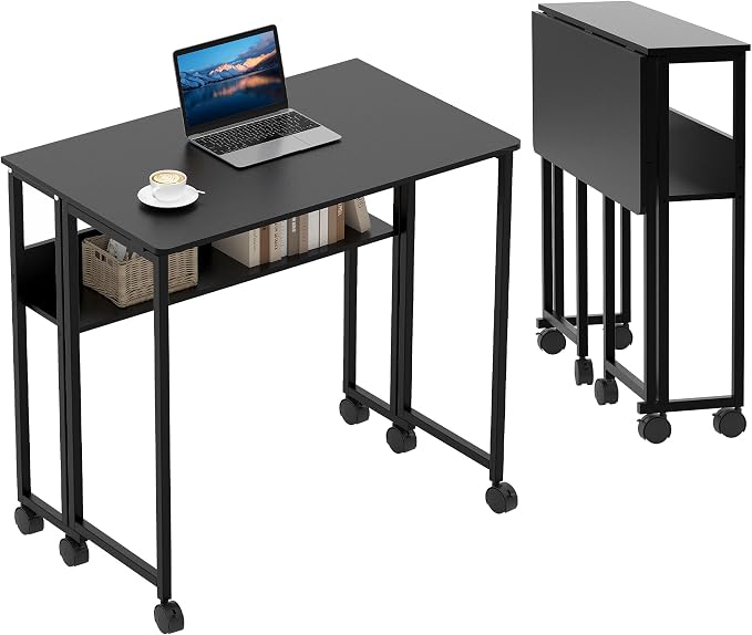 Folding Desk Small Rolling Desk with Storage Shelf,31.5 Inch Foldable Computer Table with Wheels,Portable Office Desk for Small Space Sofa Table,Easy to Fold,Writing Work Office Computer Desk,Black