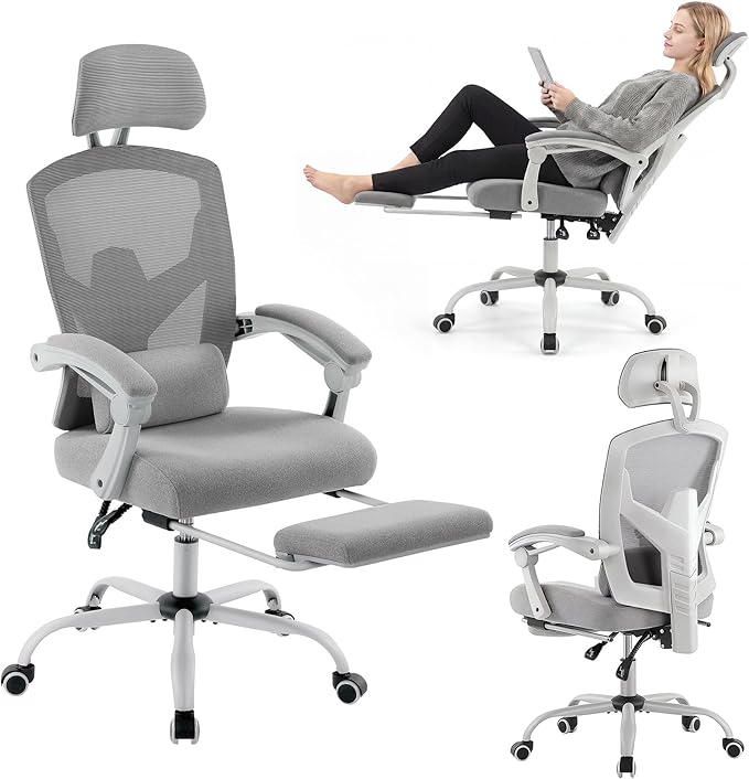 Ergonomic Office Chair with Footrest, Comfortable Desk Chair Gaming Chair | Leg Rest, Swivel Mesh Desk Chair with Headrest and Lumbar Support for Home, Office, Work, Study, Grey