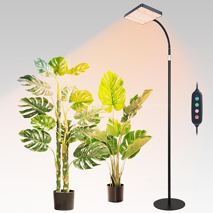 FECiDA 2026 Floor Grow Light, Standing Grow Lights with Stable Round Base for Tall Indoor Plants, Bonsai Tree, Monstera, 4/8/12/16/20 Hr Timer, 25 Watt Power Draw, NO Need Adapter, 40"-76" Adjustable