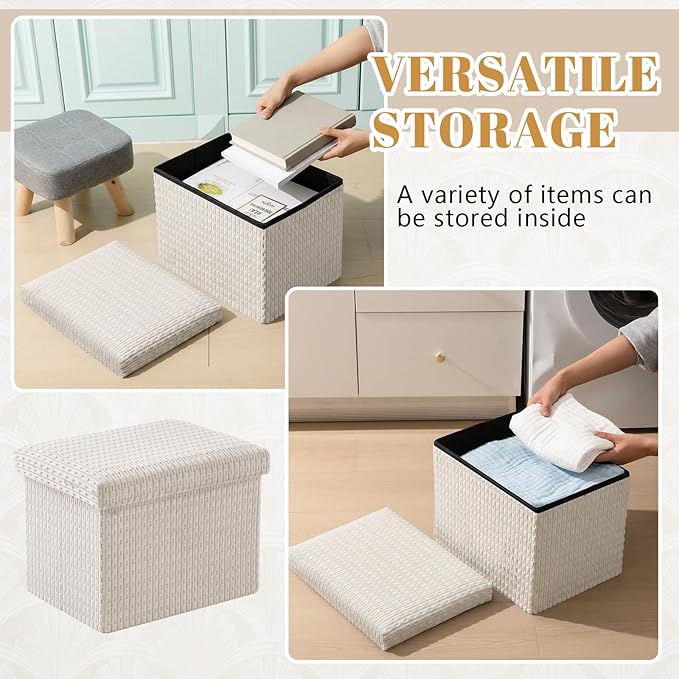 Thyle Storage Ottoman Cube, Small Foldable Footrest Stool for Under Desk Use, Sturdy Corduroy Ottoman with Storage for Snacks, Toys, Living Room, Bedroom, Dorm or Home Office, 16x12x12 Inch(Beige)