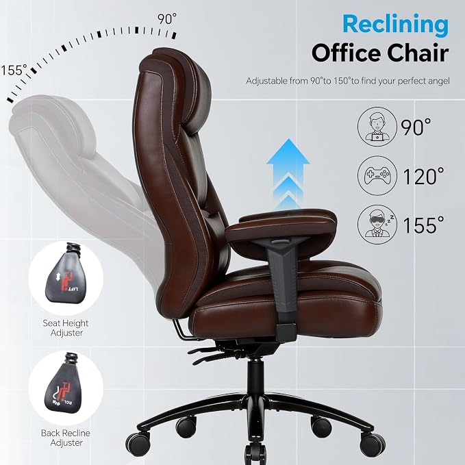 Big and Tall Office Desk Chair with 5-Position Armrests, 650 LBS Heavy Duty Executive Office Chair Comfy, Extra Wide Seat, High Back Computer Chair with Lumbar Support, Reclining Tilt Lock (Brown)