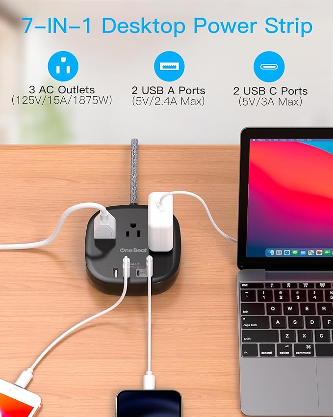 Flat Plug Power Strip, 6ft Flat Extension Cord - 3 Outlets 4 USB Ports (2 USB C) 22.5W/4.5A Desktop Charging Station, Power Strip No Surge Protection for Cruise Ship, Dorm Room Travel Essentials - BK