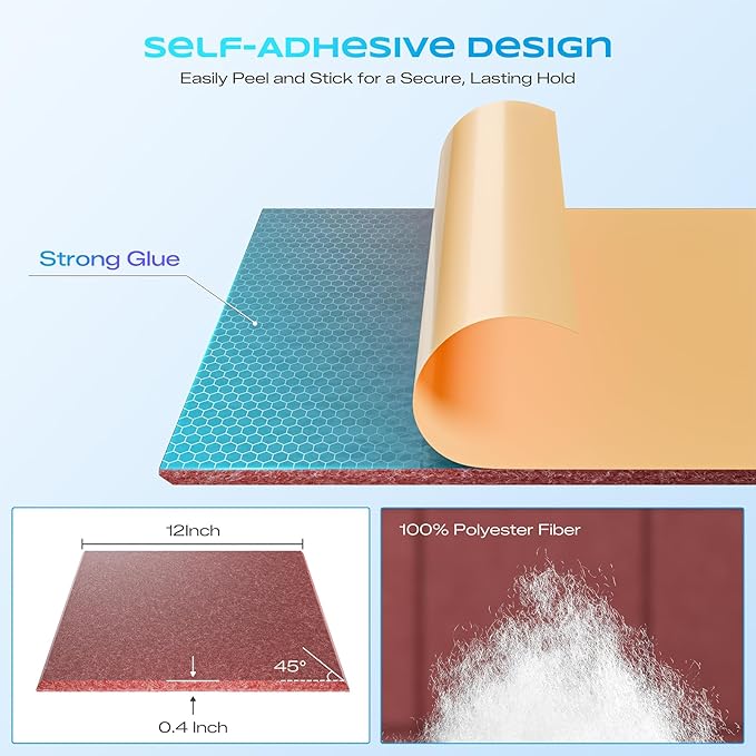 12 Pack Self-Adhesive Acoustic Panels, 12" X 12" X 0.4" High-Density Sound Proof Foam Panels for Walls, Soundproof Wall Panels for Home & Office (Red)