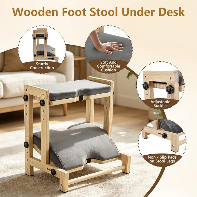 Foot Rest for Under Desk, Double Layer Wooden Foot Stool with 4 Heights Each Layer, Ergonomic Office Gaming Footrest, Wide Anti-Slip Platform with Removable Cushion (Natural Wood)