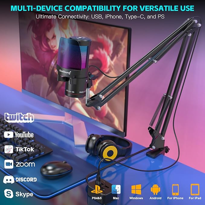 ZealSound Gaming Microphone for PC/Mac/iPhone/Phone – 192kHz/24-bit Podcast Mic with Noise Reduction, Tap-to-Mute, Gain, Monitoring, Boom Arm, Pop Filter, RGB Lighting for Streaming, Gaming, Recording