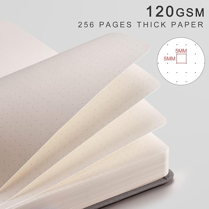 EMSHOI Dotted Journal Notebook, 256 Pages, 120 GSM Thick Paper, A5 Small 5.75"x8.38", PU Leather Hardcover, 5mm Dot Grid Notebook for Journaling, Planning, Drawing, Writing, Dark Grey