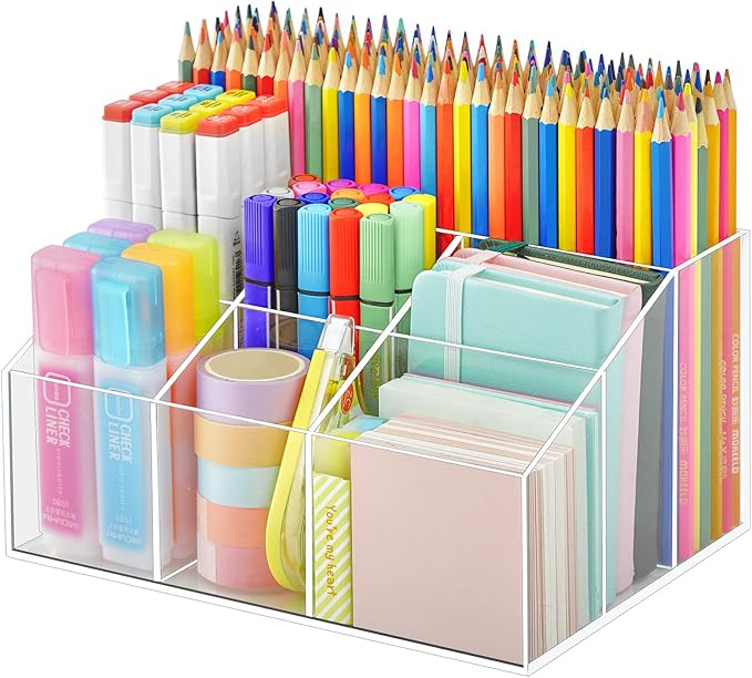 VITVITI Acrylic Desk Organizer, 7 Compartments Clear Pen Pencil Holder | Desktop Stationery Organizer, Office Pen Pencil Storage, Back to School, Home Art Supplies
