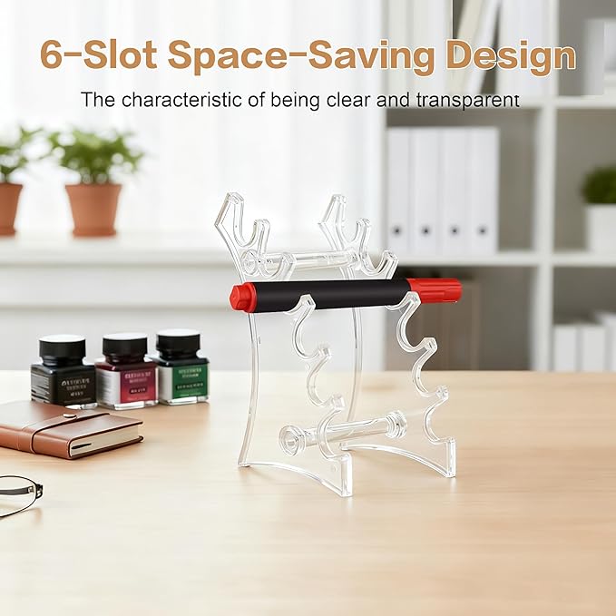 4Pcs Acrylic Pen Display Stand Clear Pen Holder for Desk, 6-Slot Plastic Pens Organizer Rack Beaded Pencil Holder Rest for Fountain Pens Marker Eyebrow Makeup Nail Brush
