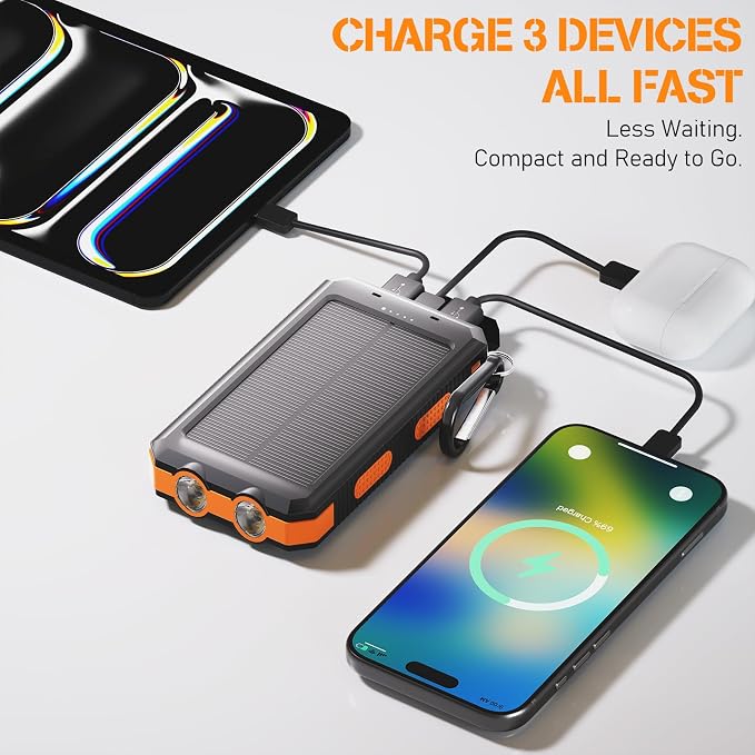 Solar Power Bank 38800mAh Portable Charger for Phone with USB-C, Outdoor Waterproof Battery Pack, 3 Outputs, Emergency LED Flashlight, Reliable Backup Power for Camping Hiking Travel and Power Outages