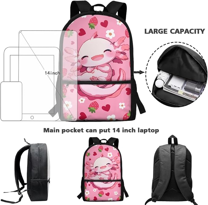 WELLFLYHOM Axolotl Girls Elementary Backpack with Lunch Box Pencil Pouch Water Bottle Sleeve Strawberry 4 Pcs Kids School Book Bag Daypack Set for School Sport Travel