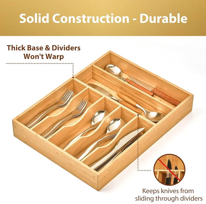 Kitchen Drawer Organizer, 12.5 Inch Silverware Utensil Tray Holder, Extra Deep, with Non-Slip Feet & Grooved Drawer Divider, 7 Slots Total Bamboo Wood Caddy for Flatware Cutlery Knives