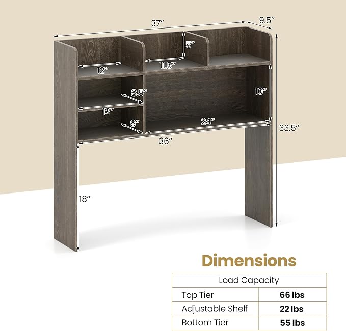 Tangkula Desktop Bookshelf for Computer Up to 32”, 37” Countertop Storage Hutch with 6 Storage Shelves, 3-Tier Desktop Organizer Display Rack, Wooden Desk Hutch for Dorm Home Office (Grey,6 Shelves)