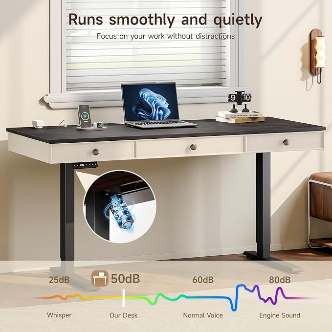 55 Inch Electric Standing Desk with 3 Drawers, Home Office Desk, Black | Computer Desks Retro Corner Table & Drawers, Height Adjustable Stand Up Desk with Storage & Outlets for Computer Workstation