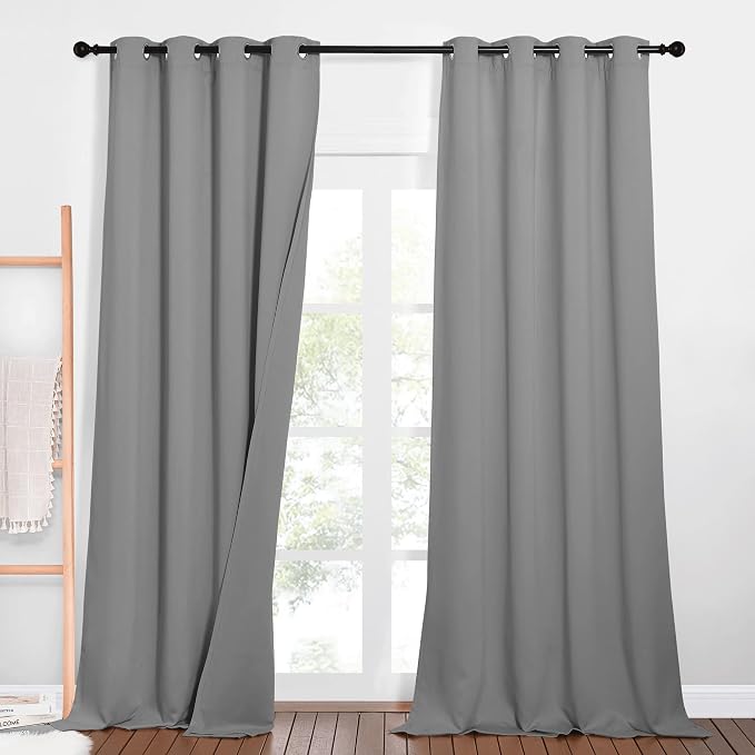 NICETOWN 3-in-1 Dampen Noise Blackout Thermal Reducing Curtains, Heavy Full Light Shading Drapes with Detachable Liner for Villa/Hall/Dorm Window（Silver Grey, Package of 2, 52" Wide x 90" Long