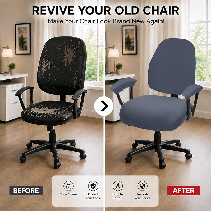 Stretchable Desk Office Chair Seat Covers - Universal Spandex Computer Chair Slipcover - Removable Washable Rotating Backrest Coverings & Cushion Protectors & Armrest Covers for Dogs, Cats, Pets