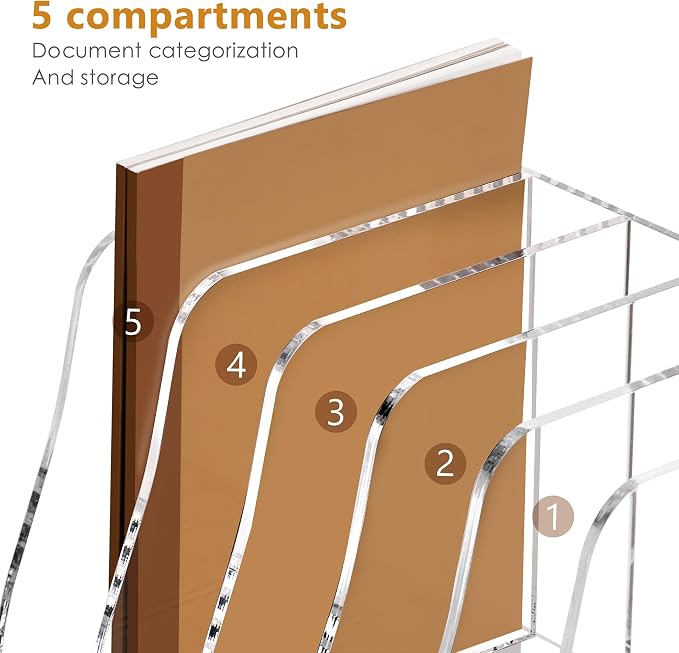 SANRUI Acrylic Desk Magazine Holder File Organizer Sorter,5 Slot Clear | B5 Size, Vertical Workspace Document Sorters, Folder Rack for Office Accessories Organization Storage