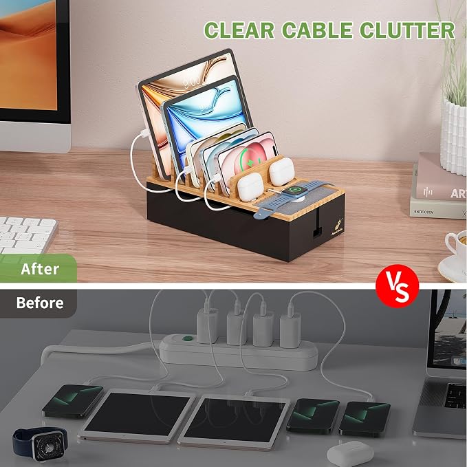 Pezin & Hulin Cord Organizer Box with 6 Wire Cables-Natural + Black | Surge Protector Organizer, Device Charger Station for Phones & Tablets, Wood Charging Dock , No Power Supply