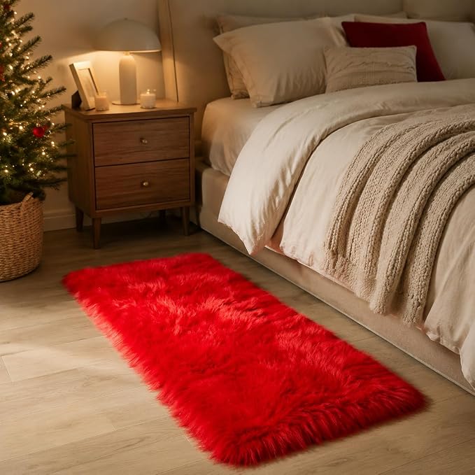 EasyJoy Ultra Soft Faux Fur Rug Fluffy Sheepskin Rug for Bedroom Living Room Sofa Bedside Floor(2 x 4 ft Rectangle, Red)