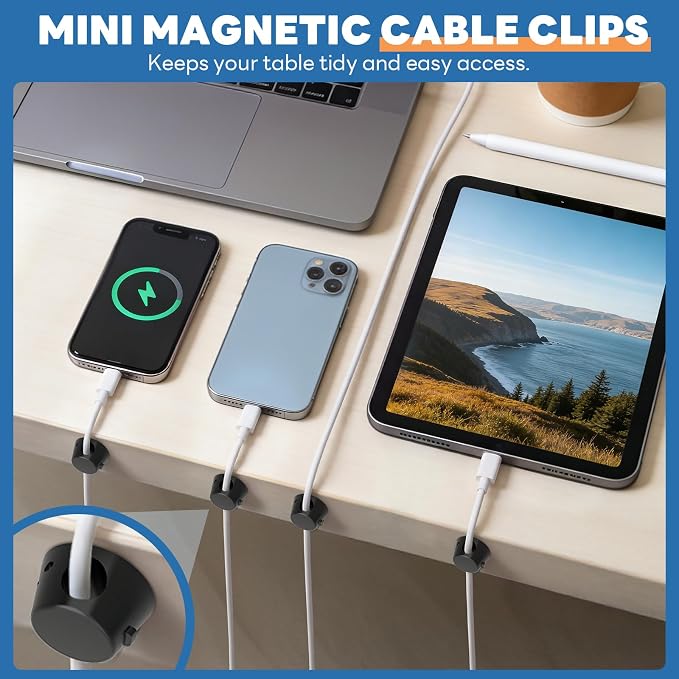 Mini Magnetic Cable Clips, 12 Pack Self Adhesive Cord Holder Black | Under Desk Cable Management, Strong Adhesive Removable Cord Organizer for Home Nightstand Car, Office Accessories