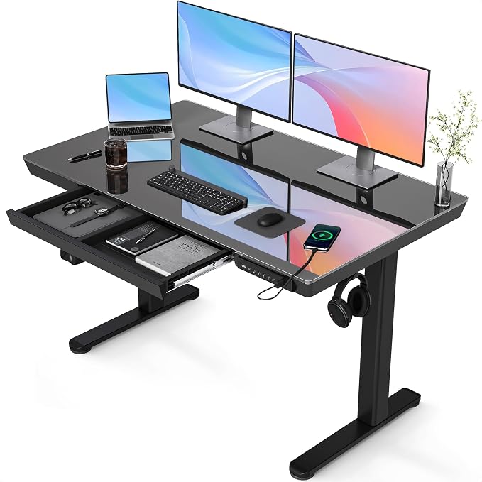 Claiks Glass Standing Desk with Drawers & USB Ports 48x24 Inch, Black | 3 Steps Quick Install, 2 Zones Drawer, USB Ports, Ultra White One-Piece Glass Top, Writable Top