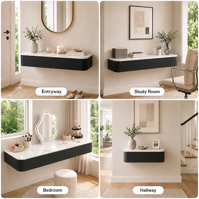 Floating Makeup Vanity Desk With Drawers Wall Mounted Makeup Table With Storage Fully Assembled Floating Vanity Desk Space Saving Modern Dressing Table For Bedroom Closet(Black Marble,23.6")