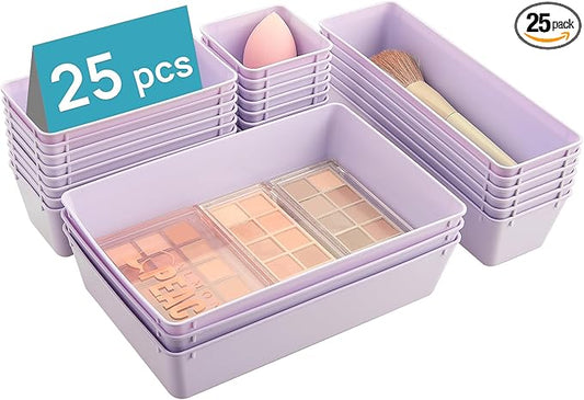 Vtopmart 25 PCS Plastic Drawer Organizers Set, 4-Size Versatile Bathroom and Vanity Drawer Organizer Trays, Storage Bins for Makeup, Bedroom, Kitchen Gadgets Utensils and Office