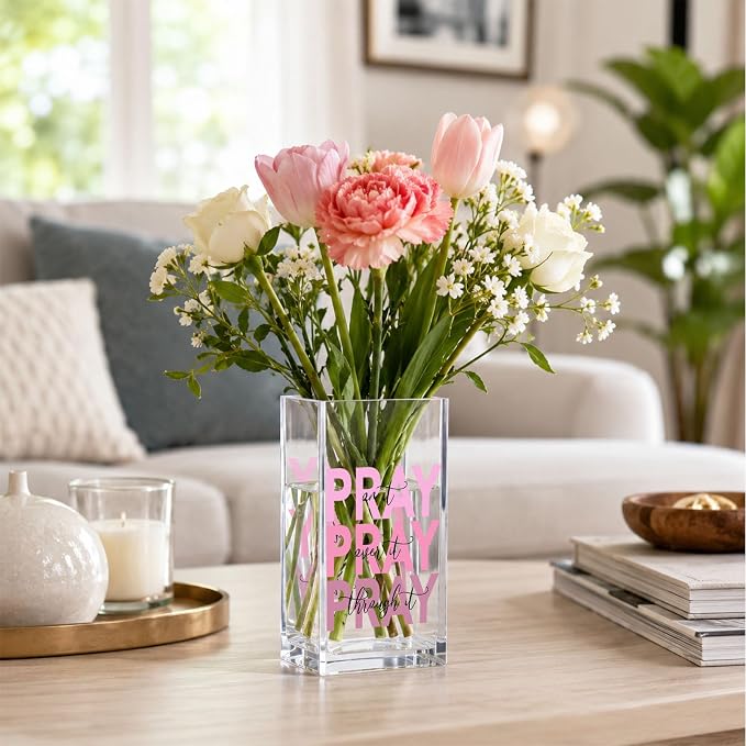Christian Acrylic Pen Holder Cup, “Pray Over It Prays On It Pray Through It” Bible Verse Desk Decor, Pink Office Desk Organizer, Inspirational Gift for Women, Religious Desk Accessory