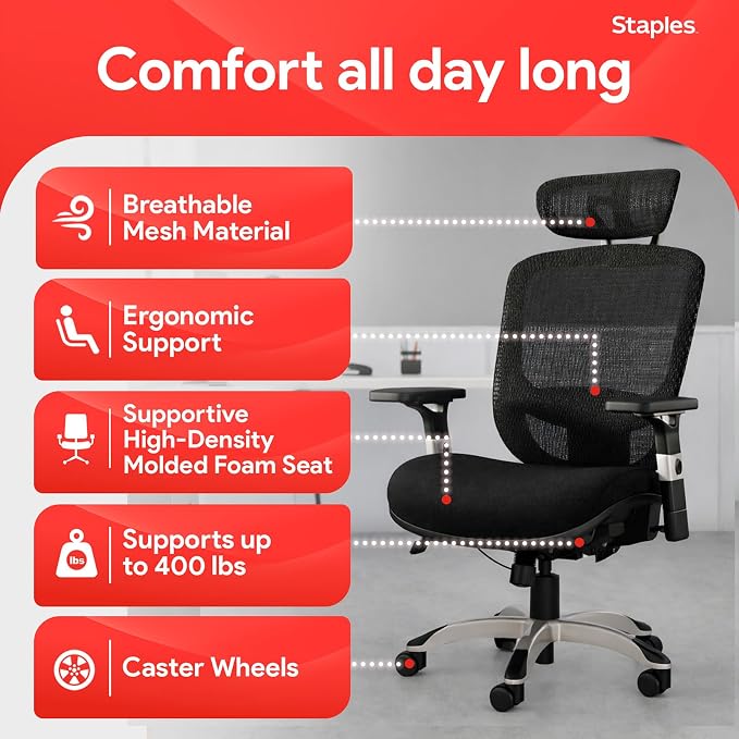 STAPLES Hyken Ergonomic Office Chair Adjustable Lumbar Support with Breathable Mesh, Swivel Desk Chair for Home Office, Black (XL)