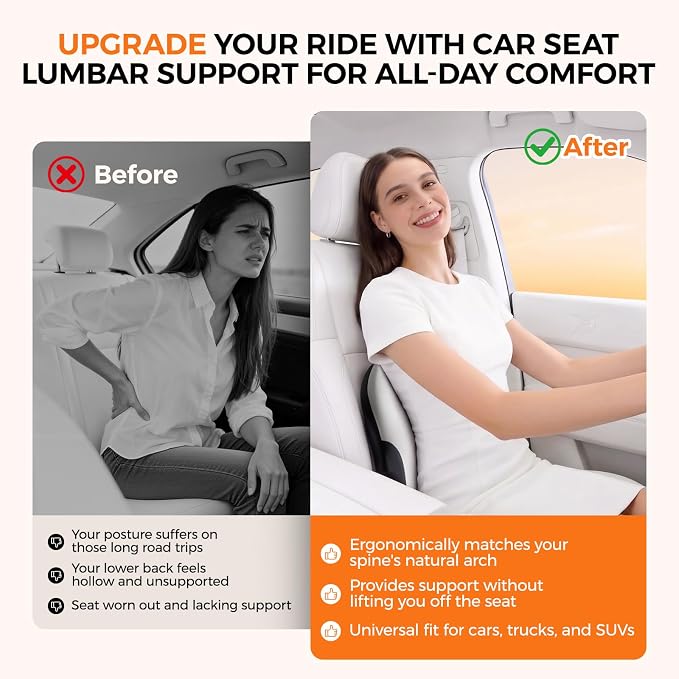 BEBAS Ergonomic Lumbar Support Pillow for Car, Memory Foam Back Support for Lower Back Pain Relief, Comfort Lumbar Cushion for Driving, Fixed Ring Lumbar Pillow for Car Seat, Office Chair -Gray