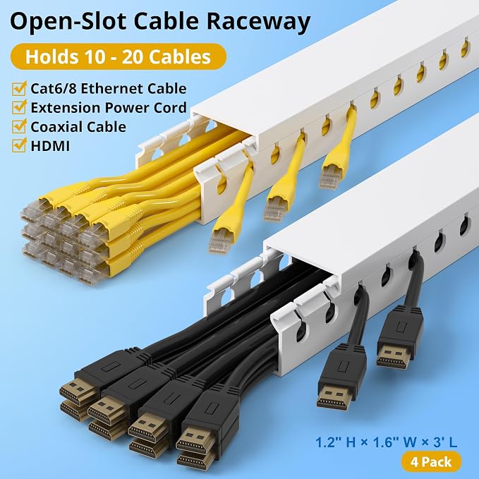1.2"H x 1.6"W Cable Raceway, 12ft Under Desk Wire Management Channel, White | Slotted Wire Duct, 4 Pack (3 ft Each), Heavy-Duty PVC Cable Management for Server Racks, Network Cables & Electrical Cabinets
