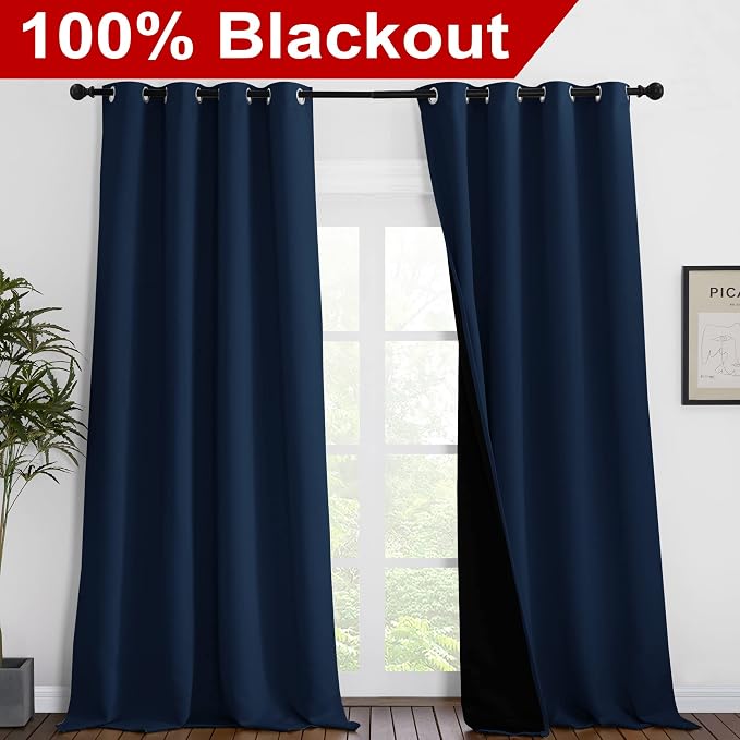 NICETOWN 100% Blackout Blinds, Laundry Room Decor Window Treatment Curtains, Thermal Insulated Energy Smart Drapes and Draperies for Villa, Hall and Studio, Navy Blue, Set of 2, 55 inches x 96 inches