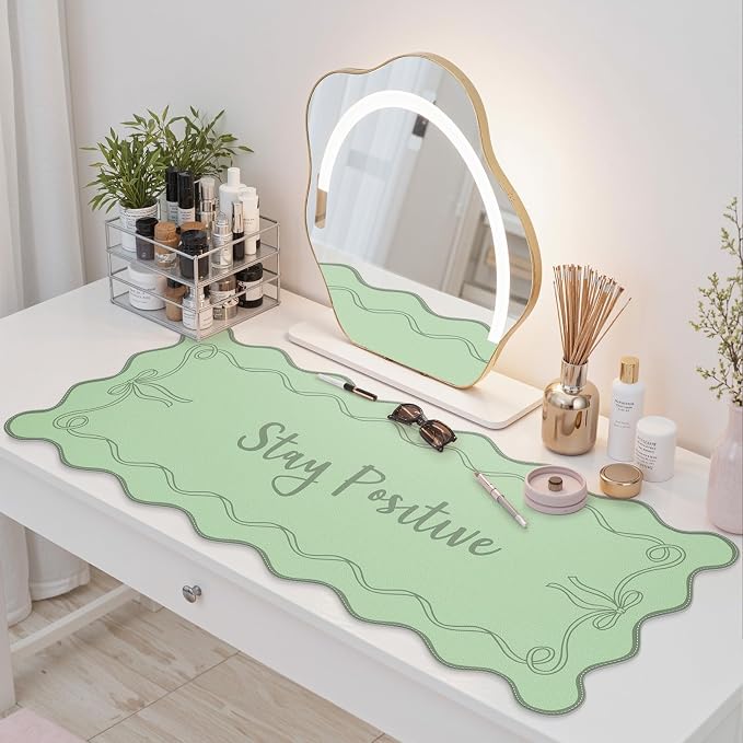 iCasso Green Scalloped Desk Cover Mat, Extra Large Mouse Pad, PU Leather Desk Pad Mat,Waterproof Writing Blotter for Desktop Protector, Non-Slip XXL Big Mousepad for Computer Office Dorm-Bow