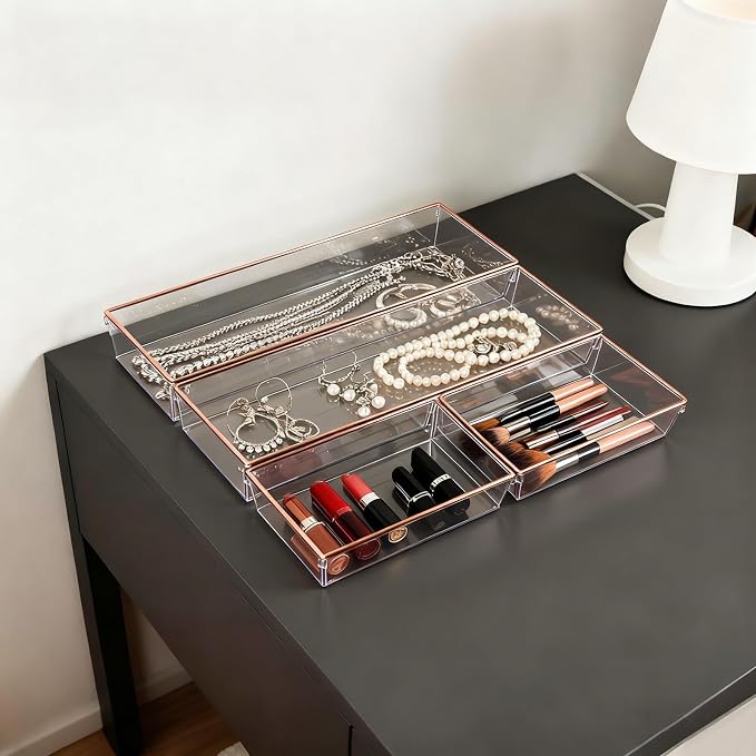 4 Pack Large Size Clear Stackable Drawer Organizer Trays, Rose Gold Rim Makeup Drawer Storage Tray Divider, Desk Storage for Makeup, Jewelry, Bathroom, Stationary, Kitchen Utensils and Office Desk