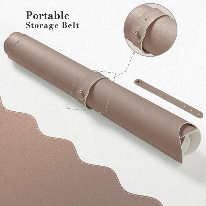 iCasso Leather Desk Pad,Extra Large Mouse Pad for Laptop,Waterproof PU Nail Table Mat,Cute Scalloped Keyboard Mats for Women Girl,Non-Slip Desk Cover Mat for Office Home School