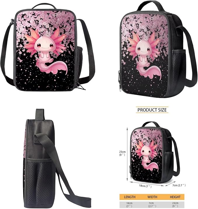 WELLFLYHOM Girls Axolotl School Backpack with Lunch Box, Pink 17 Inch Cherry Blossom 4PCS Backpack Set for Elementary Kids 6-11, Reduce Shoulder Pressure for Child, Back to School Supplies