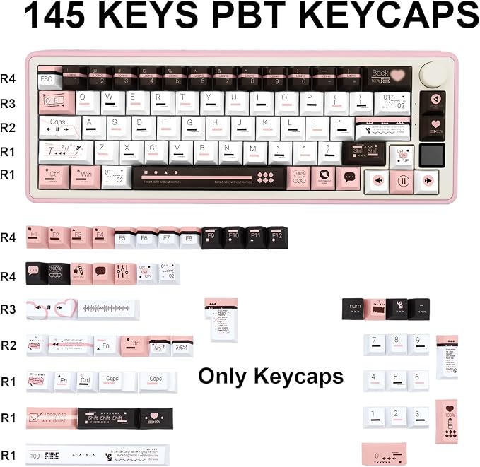 PBT Keycaps, Cute Keycaps 60 65 75 100 Percent, Dye Sublimation Custom Key caps, Pink White Brown 145 Keys Set, Cherry Profile Aesthetic Keycap Set for Cherry Gateron MX Switche Keyboard