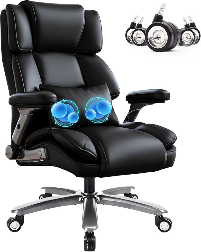 400lbs Big and Tall Executive Chair, Heavy Duty High Back Home Desk Chair | Ergonomic Office Chairs with 3D Kneading Massage, 3D Armrests, 5 Quiet Dual Rubber Wheel, Thick Pocket Spring Cushion