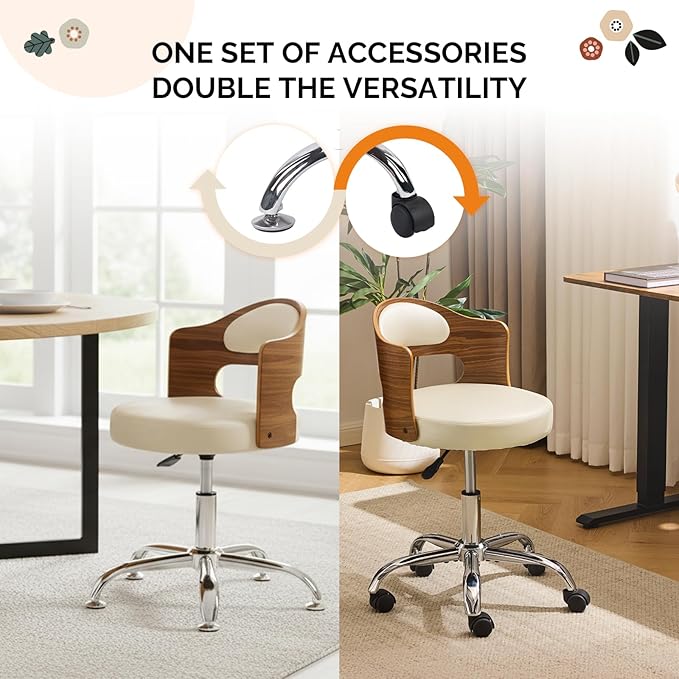 VINGLI Armless Home Office Desk Chair, Adjustable Swivel Chair,Dual-Use with/no Wheels,Small Retro Designed Walnut Curved Task Chair,Cushioned Nail Tech Chair for Study Area,Workspace,PU,Ivory White