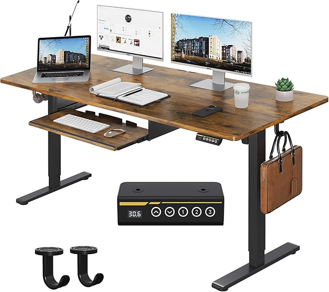 48 x 24 Inch Electric Standing Desk with Keyboard Tray, Brown | 3-Year Free Motor Replacement, 28.3-46.5 in Height, 3 Presets, 45 dB or Less, 154 lb Capacity, Keyboard Tray