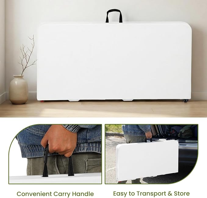 FDW 34" Square Plastic Folding Card Table, Portable Fold-in-Half Plastic Picnic Party Table with Carrying Handle, White