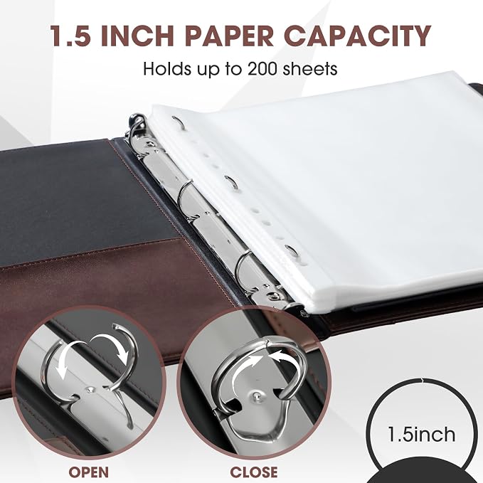 Yexiya 4 Pcs Vintage Hardback 3 Ring Binder Planner Portfolio Leather Round Ring Binder Organizer Holds 200 Sheets with 2 Inner Pockets, 13 x 10 Inch(1.5 Inch,Brown)