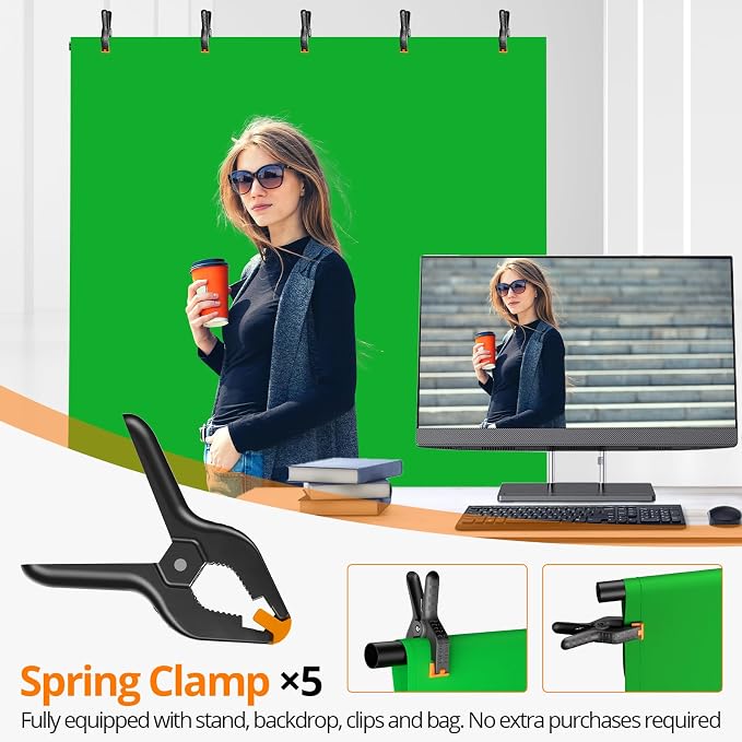 Green Screen Backdrop Kit, 5×7ft Portable Greenscreen Background with Adjustable T-Shaped Stand, 5 Clamps, Carrying Bag for Parties, Streaming, Photography, Zoom, Gaming, Video Studio