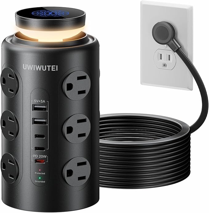 Tower Power Strip with Night Light,PD20W USB C Power Strip Tower with Multiple Outlets, 12 Outlets,5 USB Ports (3 USB-C), 6FT Extension Cord Desk Charging Station for Home,Office,Dorm Essentials,Black