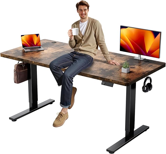 Electric Standing Desk Adjustable - 63x30 Inch Sit Stand Desk with 1 Inch Thick Tabletop, Double Beam Frame, 3 Memory Height Adjustment, Cable Management for Home Office
