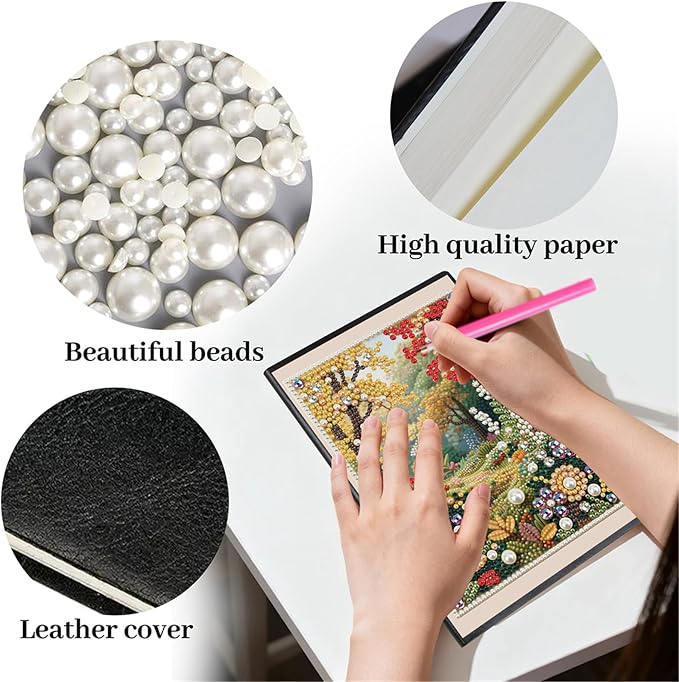 FRANDEK Pearl Painting Notebook Kit, Autumn Forest A5 DIY Journal with 50 Blank Pages, Diamond Gem Art Cover with Waterproof Canvas, Beginner Craft Set with Full Tools for Adults